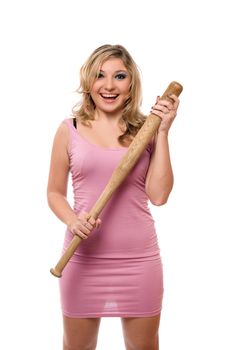 Portrait of cheerful young blonde with a bat in their hands
