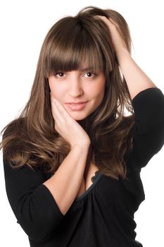 Portrait of young sexy brunette in black. Isolated on white