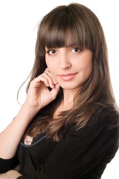 Close-up of young sexy brunette in black. Isolated on white