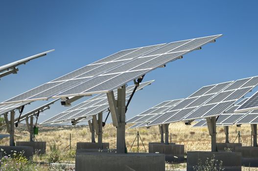Photovoltaic silicon panels with tilted single axis track system in a small solar power plant, Portugal