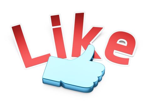Paper 'Like' word with blue metal hand, 3d  render on white background