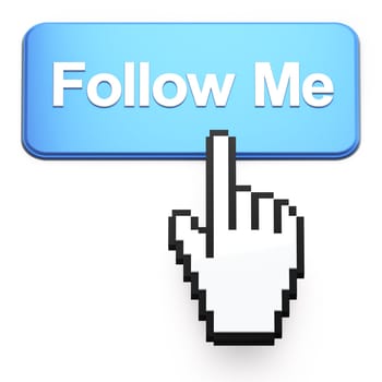 Hand-shaped mouse cursor press Follow Me button on dark background