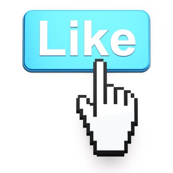 Hand-shaped mouse cursor press Like button on dark background