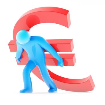 Blue human figure carring red euro sign on white background, 3d render