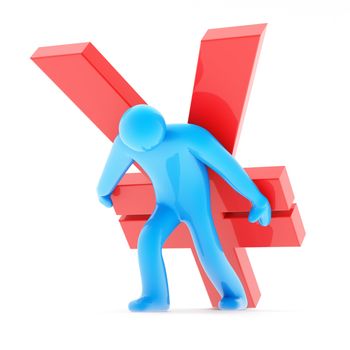 Blue human figure carring red yen sign on white background, 3d render