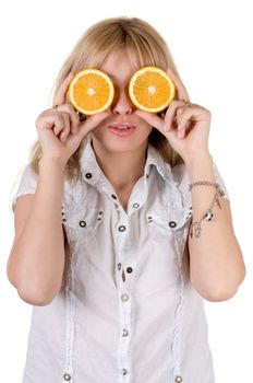 Funny girl with oranges. Isolated on white