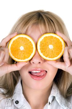 Portrait of the funny girl with oranges over white