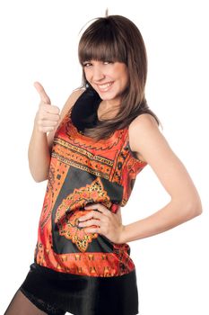 Cheerful young caucasian woman giving thumb. Isolated on white