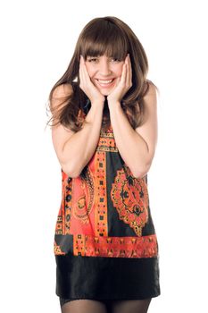 Cheerful young caucasian woman touching her face. Isolated on white