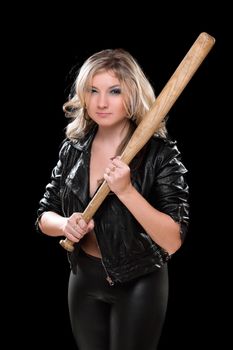 Angry girl with a bat in their hands. Isolated