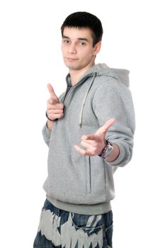 Young man in gray sweatshirt with a hood