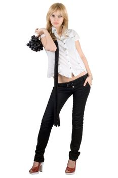 Pretty young woman with grapes cluster. Isolated