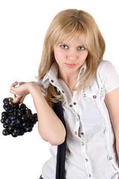 Portrait of the sexy blonde with grapes cluster. Isolated