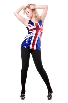 Pretty woman posing in union-flag shirt. Isolated on white