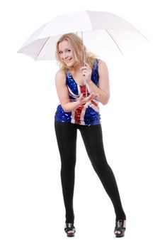 Young cheerful woman wearing union-flag shirt and holding umbrella. Isolated