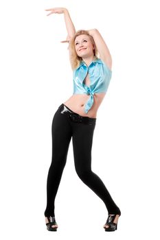 Playful young cheerful blond woman. Isolated on white