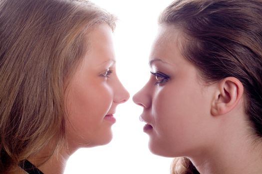 Portrait of the two beauty young women. Isolated.