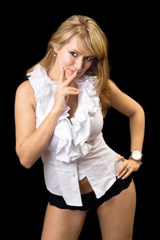 Sexy blond woman in white shirt and black panties. Isolated