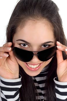 Pretty smiling woman with sunglasses. Isolated on white