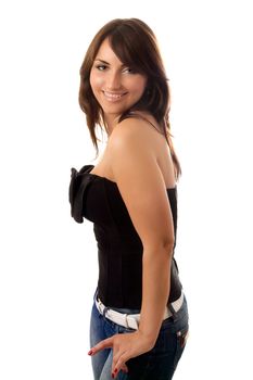 Pretty brunette posing and smiling. Isolated on white