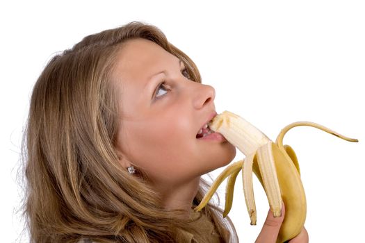 Portrait of the young woman with a banana. Isolated