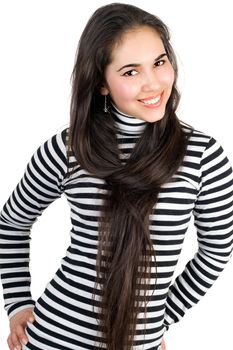 Playful pretty girl in striped blouse. Isolated