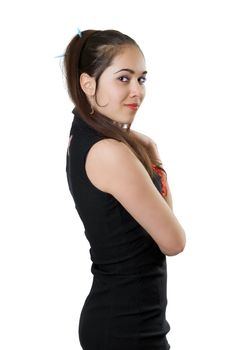 Pretty young woman in black dress. Isolated