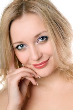 Portrait of beautiful smiling blond woman. Isolated on white