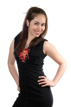 Pretty smiling woman in black dress. Isolated