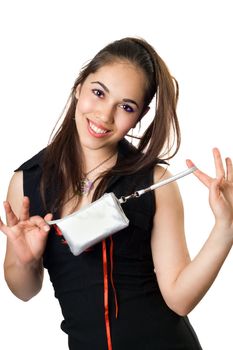 Attractive young woman presenting mobile bag. Isolated