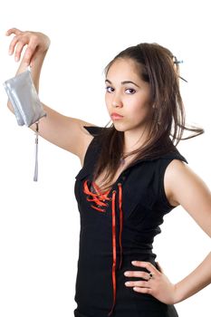Pretty woman holding small silver bag. Isolated