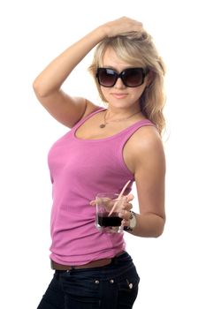 Playful young blonde in black sunglasses. Isolated on white