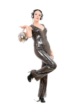 Attractive brunette with a mirror ball in her hands. Isolated on white