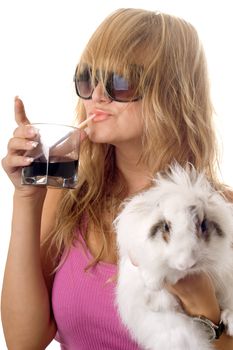 Pretty blonde with a little rabbit. Isolated