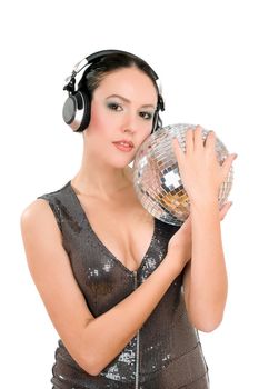 Portrait of attractive young woman with a mirror ball in her hands. Isolated