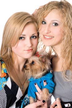 Portrait of two smiling young women with dog