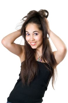 Playful young woman with long dark hair. Isolated
