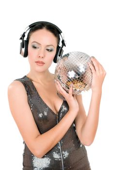 Portrait of nice young woman with a mirror ball in her hands. Isolated