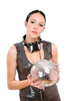 Portrait of attractive young woman with a mirror ball in her hands. Isolated on white