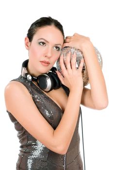 Portrait of young woman with a mirror ball in her hands. Isolated on white