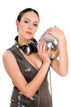 Portrait of beautiful young woman with a mirror ball in her hands. Isolated on white