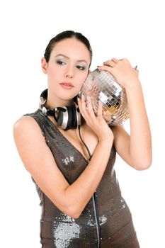 Portrait of young brunette with a mirror ball in her hands. Isolated