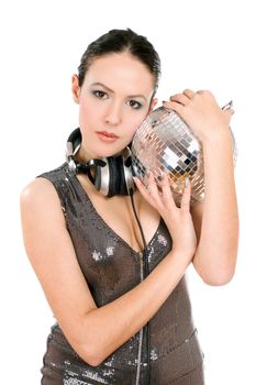 Portrait of nice young brunette with a mirror ball in her hands. Isolated