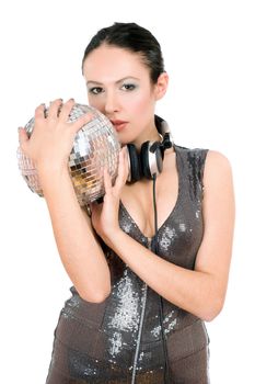 Portrait of nice young brunette with a mirror ball in her hands. Isolated on white