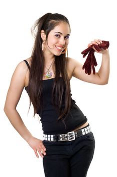 Playful pretty woman with gloves. Isolated on white