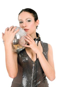 Portrait of brunette with a mirror ball in her hands. Isolated