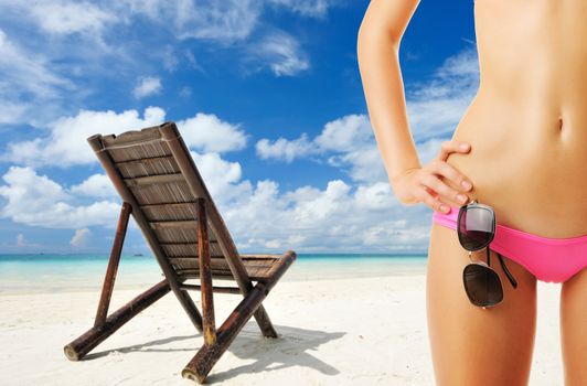 Woman with beautiful body wearing sunglasses at tropical beach. Collage.