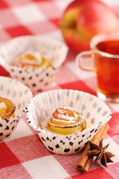 Delicious apple pies dessert on red cloth 