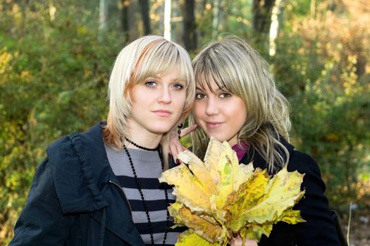 Portrait of the two young women with autumn leaves