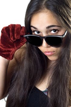 Portrait of attractive woman with sunglasses. Isolated on white